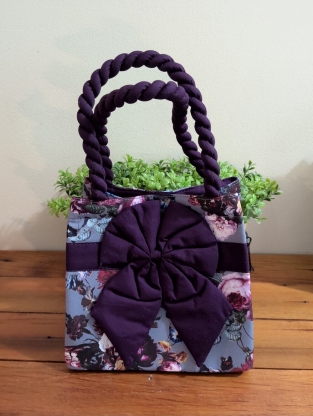 Naraya Double Handle Small Tote Bag with Floral Design and Bow Accents
